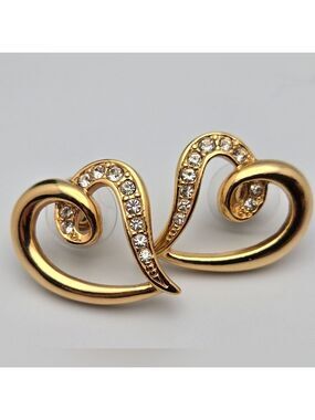 Heart Stud Earrings Romantic Vintage w/ Rhinestone Inspired Gold Tone Swirl